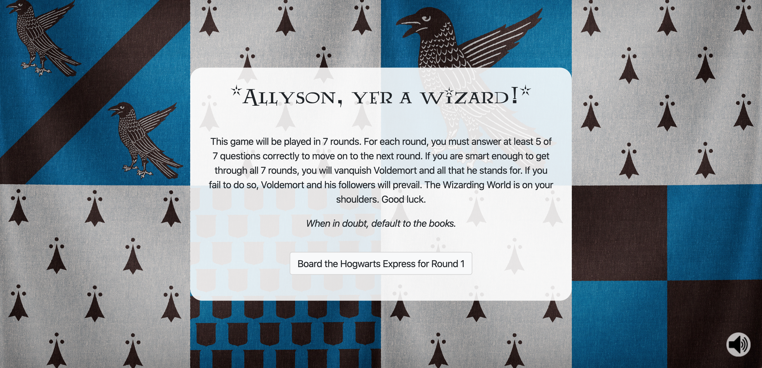 Harry Potter Trivia welcome card